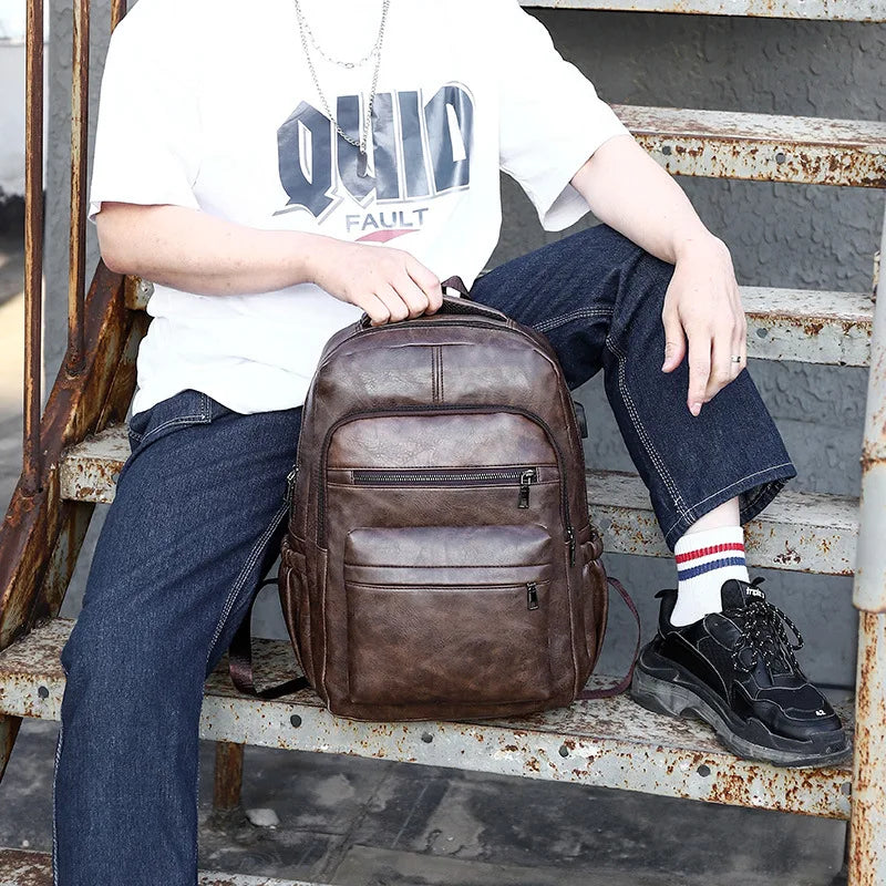 USB Charging PU Leather Backpack